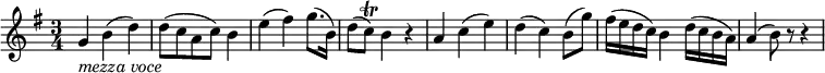 { \tempo 4 = 66 \set Score.tempoHideNote=##t \set Staff.midiInstrument = "violin" \relative g' { \key g \major \time 3/4
g4 _\markup{ \italic "mezza voce" } b( d) | d8( c a c) b4 | e4( fis) g8.( b,16) | d8( c) \trill b4 r |
a4 c( e) | d4( c) b8( g') | fis16( e d c) b4 d16( c b a) | a4( b8) r r4 }}
\layout { \context { \Score \override SpacingSpanner.common-shortest-duration = #(ly:make-moment 1/8) }}