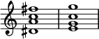 {
\override Score.TimeSignature
#'stencil = ##f
\time 4/4
\relative c' {
<dis a' c fis>1 <e g c g'>
}
}