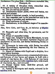 1851 Exhibition Catalogue, Minton Exhibit Numbers 60 to 74. Majolica refers to Renaissance Italian maiolica.