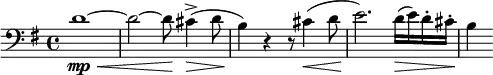 \relative c' { \clef bass \time 4/4 \key g \major d1~\mp\< | d2~ d8\! cis4->(\> d8 | b4)\! r r8 cis4(\< d8 | e2.)\! d16(\> e) d-. cis-.\! | b4 }