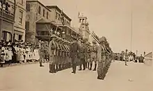 2/4th Battalion of the East Yorkshire Regiment guard on Front Street, inspected by General Sir James Willcocks on his arrival to replace Lieutenant-General Sir George Mackworth Bullock as Governor and Commander-in-Chief of Bermuda in 1917.