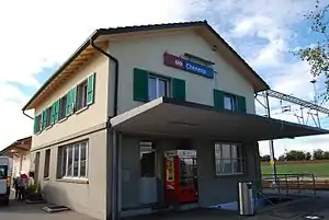 Two-story building with gabled roof