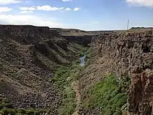 A small stream flowing through an arid, steep-sided canyon