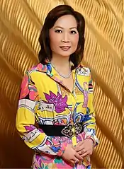 Image 158Jing Ulrich, a prominent global leader in finance, wearing brightly colored 1980s-inspired dress, 2012 (from 2010s in fashion)