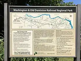 Marker at end of the W&OD Trail in Purcellville showing the trail's route (August 2018)