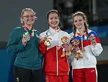 Girls victory ceremony (from left to right): Jessica Pickering (Silver), Fan Xinyi (Gold), Vera Beliankina (Bronze)