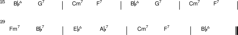 {
\new ChordNames \with {
\override BarLine #'bar-extent = #'(-2 . 2)
\consists "Bar_engraver"
}
\chordmode {
\override Score.BarNumber.font-size = #0
\override Score.BarNumber.stencil= #(make-stencil-boxer 0.1 0.25 ly:text-interface::print)
\set Score.barNumberVisibility = #all-bar-numbers-visible
\set Score.currentBarNumber = #25
\bar ""
bes2:maj7 g:7 | c:m7 f:7 | bes:maj7 g:7 | c:m7 f:7 |
\break
f:m7 bes:7 | es:maj7 aes:7 | c:m7 f:7 | bes1:maj7 \bar "|."
} }