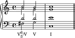 {
\set Score.proportionalNotationDuration = #(ly:make-moment 1/4)
\new PianoStaff <<
\new Staff <<
\new voice \relative c'' {
\clef treble \key c \major \time 4/4
\voiceOne c2 b c1
}
\new voice \relative c'' {
\clef treble \key c \major \time 4/4
\voiceTwo a2 g g1
}
>>
\new Staff <<
\new voice \relative c' {
\clef bass \key c \major \time 4/4
\voiceOne d2 d e1
}
\new voice \relative c {
\clef bass \key c \major \time 4/4
\voiceTwo fis2_\markup { \translate #'(-2 . 0) { \concat { "V" \combine \raise #1 \small 6 \lower #1 \small 5 "/V" \hspace #3 "V" \hspace #7 "I" } } } g c,1 \bar "||"
}
>>
>>
}