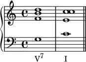 \new PianoStaff <<
\new Staff <<
\relative c' {
\voiceOne \clef treble \key c \major \time 4/4
<f b d>1 <e c' c>
}
>>
\new Staff <<
\new Voice \relative c' {
\clef bass \key c \major \time 4/4
g_\markup { \concat { "V" \raise #1 \small "7" \hspace #6 "I" } } c \bar "||"
}
>>
>>