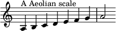 {\override Score.TimeSignature #'stencil = ##f \relative c' { \clef treble \time 7/4 \hide Staff.TimeSignature a4^\markup { A Aeolian scale } b c d e f g a2 } }