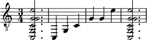 {
\clef "treble_8"
\time 3/4
<c, g, c g g e'>2.
<c, >4
<g, >4
<c >4
<g >4
<g >4
<e' >4
<c, g, c g g e'>2.
}