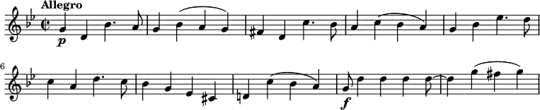 \relative c'' {
\key bes \major
\set Score.tempoHideNote = ##t \tempo "Allegro" 4 = 240
\time 2/2
g4 \p d bes'4. a8
g4 bes (a g)
fis d c'4. bes8
a4 c (bes a)
g bes ees4. d8
c4 a d4. c8
bes4 g ees cis
d! c' (bes a)
g8\f d'4 d d d8~ d4 g (fis g)
}