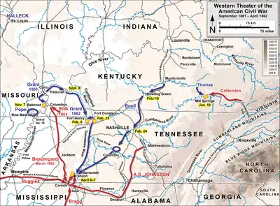 map of Tennessee and surrounding states showing Confederate forces moving to Corinth, Mississippi near the Tennessee border