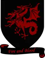 A coat of arms showing a red three-headed dragon on a black field over a scroll reading "Fire and Blood."
