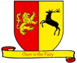 A coat of arms showing a gold on red lion and a black on gold crowned stag combatant.