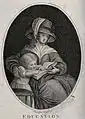 A young woman sits with a book on her knee and a child by her side. Stipple engraving by Emma Crewe, 1783. (Wellcome Collection)