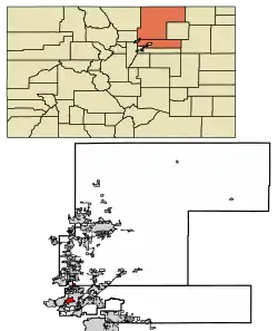 Location of the City of Northglenn in Adams and Weld counties, Colorado.