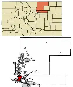 Location of the City of Thornton in Adams and Weld counties, Colorado.