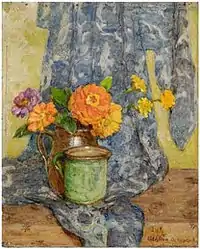 Still Life with Zinnias in a Pitcher with Green Cup and Blue Drape by Adeline Albright Wigand, nd