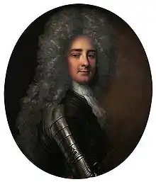 A painted bust-length portrait of Anthony Hamilton showing a young man wearing a long and high wig, clad in armour covering his breast and arms