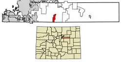 Location of the Brick Center CDP in Arapahoe County, Colorado.