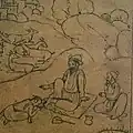 Baba Buddha, as a young boy, seeks the blessings of Guru Nanak. Pahari, brush drawing, from the family workship of Nainsukh of Guler, last quarter of the 18th century.