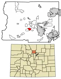 Location of the Mountain Meadows CDP in Boulder County, Colorado.