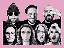 Seven portrait photos collaged onto a pink background.