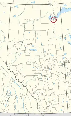 A map of the province of Alberta showing 80 counties and 145 small Indian reserves. One is highlighted with a red circle.