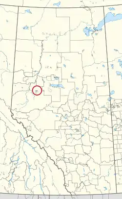 A map of the province of Alberta showing 80 counties and 145 small Indian reserves. One is highlighted with a red circle.