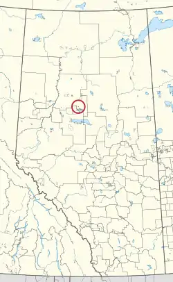A map of the province of Alberta showing 80 counties and 145 small Indian reserves. One is highlighted with a red circle.