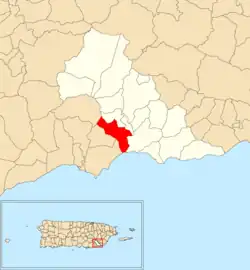 Location of Cacao Bajo within the municipality of Patillas shown in red