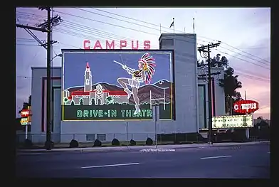 Historic Campus Drive-In Theater at intersection with College Avenue