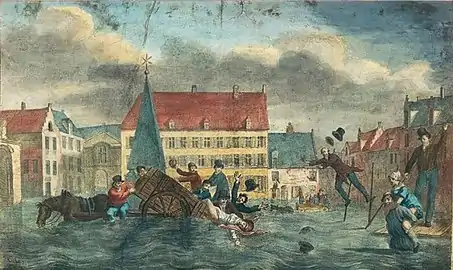 Cartoon showing the Place Saint-Géry/Sint-Goriksplein during the flood of January 1820