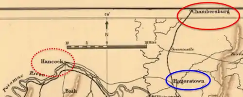 old map with points of interest circled