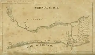 Retrospective map showing how Chicago may have appeared in 1812 (right is north, published in 1884)