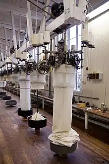 row of mechanical circular knitting machines