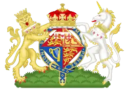 The personal coat of arms of Anne, Princess Royal displayed on a lozenge.