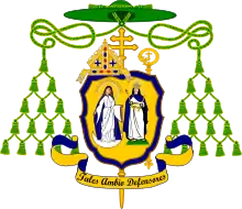 Green galero with 15 tassels on each side over a shield topped by a mitre, patriarchal cross, and crozier, along with the Latin motto "Tales ambio defensores" at the bottom