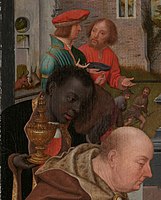 The left side: ox and ass, Balthazar, Saint Joseph, shepherds (?), Melchior