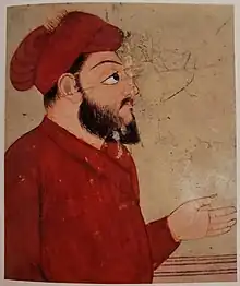 Detail of Ram Rai from a mural depicting Guru Nanak and Ram Rai listening to hymns together under a tree from the Bhai Bahlo Darwaza of the Darbar of Ram Rai in Dehradun, circa pre-1688