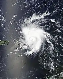 Satellite image of Tropical Storm Dorian passing by Puerto Rico and over the Virgin Islands on August&nbsp;28