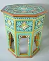 Doulton Lambeth Conservatory table, 18.5 ins., coloured glazes majolica, c. 1870, Indian subcontinent in style, a reminder of Empire.