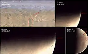 Example of dust clouds imaged by ESA's Mars Express Visual Monitoring Camera and NASA's Mars Reconnaissance Orbiter's MARCI in November 2007 over the Utopia region.