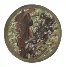 A woman in a brown cloak stares at a figure in a black cloak among greenery and flowers.
