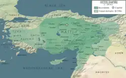 Map of the Hittite Empire at its greatest extent, with Hittite rule c. 1300 BC
