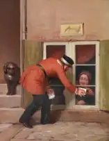 Mailman Delivering A Letter Through A Cellar Window