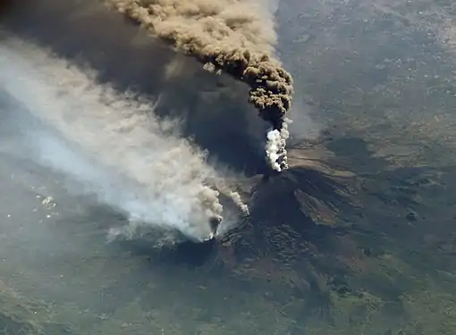 Image 27An October 2002 eruption of Mount Etna, a volcano on the Italian island of Sicily, as seen from the International Space Station. Etna is the largest of Italy's three active volcanoes and one of the most active in the whole entire world. This eruption, one of Etna's most vigorous in years, was triggered by a series of earthquakes. Ashfall was reported as far away as Libya, 600 km (373 mi) to the south. (Credit: Expedition 5 crew.) (from Portal:Earth sciences/Selected pictures)