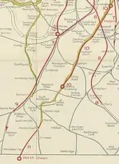 A coloured map shows proposed new railway routes superimposed in red on a map of existing railway lines