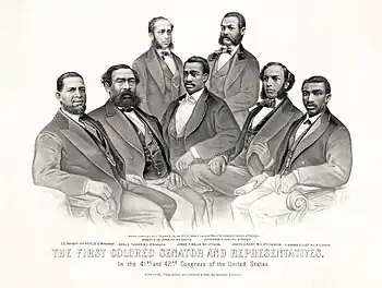 Image 19First Colored Senator and Representatives: Sen. Hiram Revels (R-MS), Rep. Benjamin Turner (R-AL), Robert DeLarge (R-SC), Josiah Walls (R-FL), Jefferson Long (R-GA), Joseph Rainey and Robert B. Elliott (R-SC), 1872 (from Civil rights movement (1865–1896))